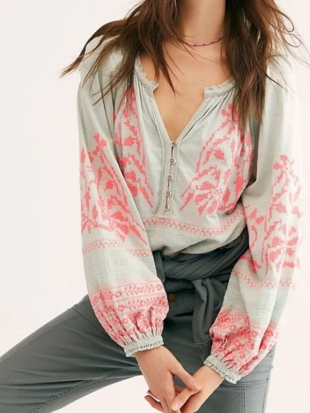 Free People Persuasion Light Blue Blouse with Pink Embroidery